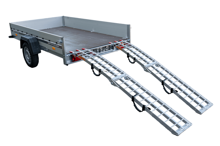 UNITRAILER ALR002 salokāmas rampas alumīnija rampas piekabēm 221 cm 680 kg ar jostu, 2 gabalu komplekts