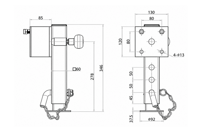 UNITRAILER JL1 pagarināms kloķvārpstas balsts 1500 kg platformas piekabei 346-576 mm