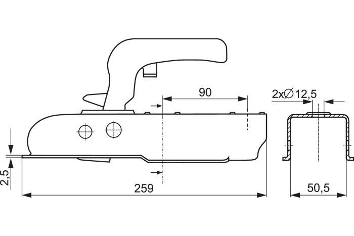 STEELPRESS ZSK-0750H lodveida sakabe 750kg piekabei ar 50mm kvadrātveida jūgstieni