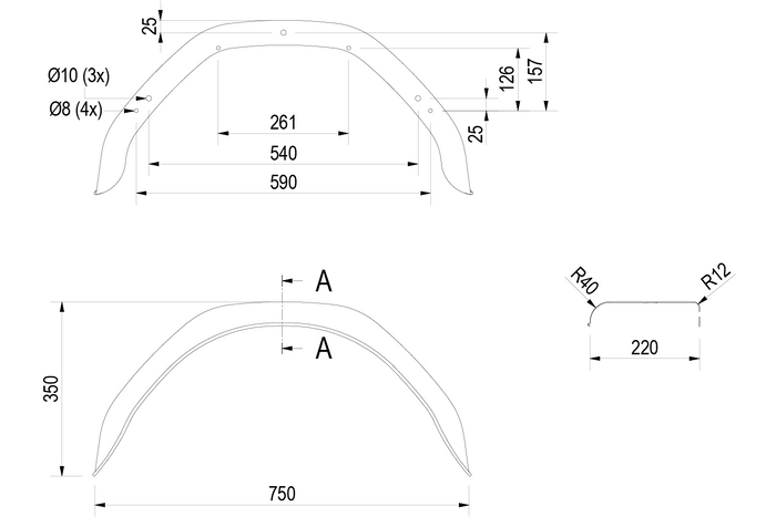 Divu dubļusargu komplekts 14-15" piekabei DE HAAN HMHR 2275, riteņu arkas 750/220mm