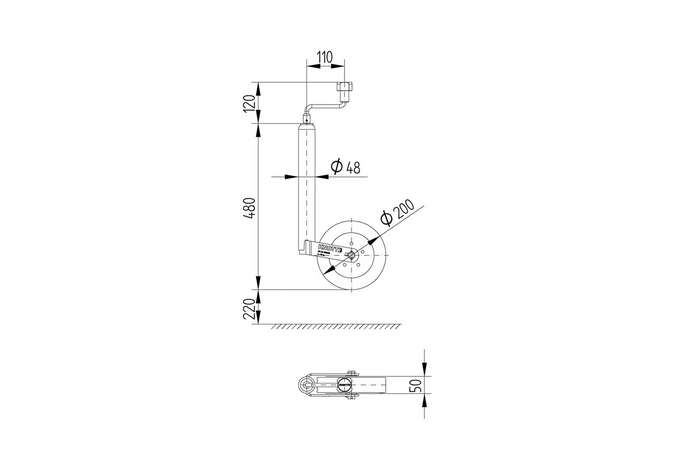 Žokeja ritenis ar čuguna skavu KNOTT TK48+LBG48 150kg 48mm 480-700mm