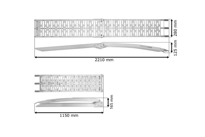 UNITRAILER ALR003 salokāmas rampas alumīnija rampas piekabēm 221 cm 680 kg ar jostu un atbalstu, 2 gabalu komplekts
