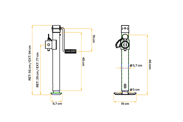 Izvelkams balsts ar UNITRAILER TJ5002+TJ5002A adapteri 1300 kg platformas piekabei 560-940 mm